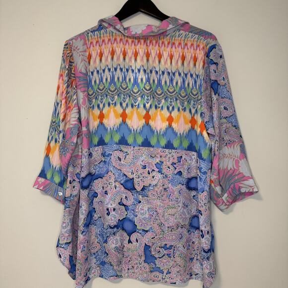 Rose & Olive Floral Button Down Top Women's 1X Pink Blue Paisley Tie Knot Light - Picture 5 of 12